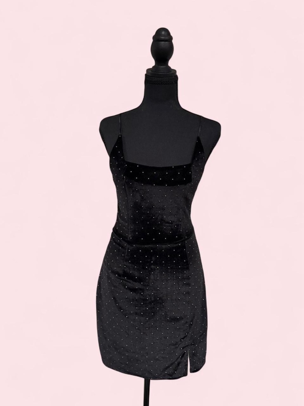 Black Velvet Rhinestone Mini Dress - Women